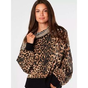 Gimmicks BKE Leopard Print Cowl‎ Neck Dolman Sleeve Top Herringbone Trim XS